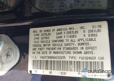 2008 Honda Accord 3.5 Ex-L z USA, uszkodzony, nr VIN 1HGCP36868A032255